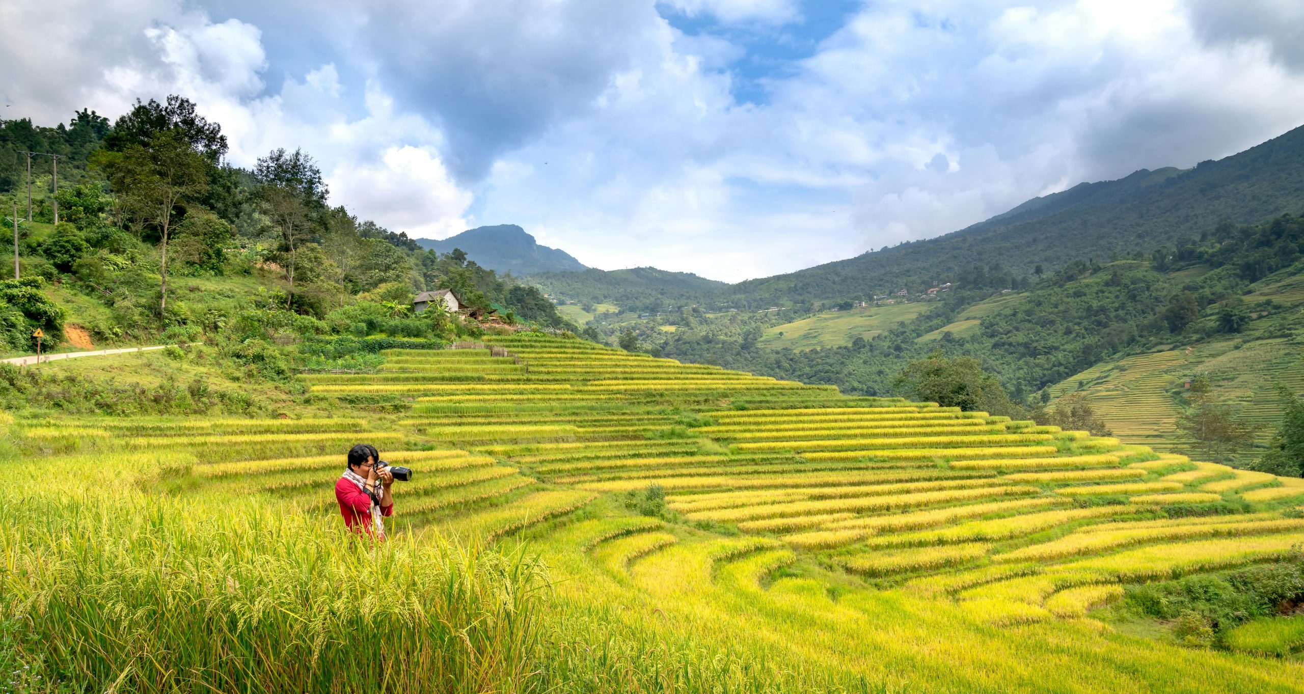 A photographer on rice terraces amidst picturesque mountains and fields.